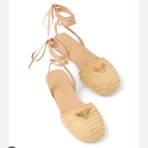 Prada Women's Natural Raffia Straw Woven Wrap Up Sandals - Tan/ Naturale